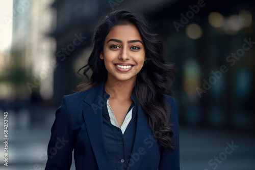 Closeup portrait of a confident young Indian Corporate professional woman with short hair.