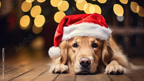 Golden retriever dog with red santa hat on a wooden floor with festive lights in the background. 