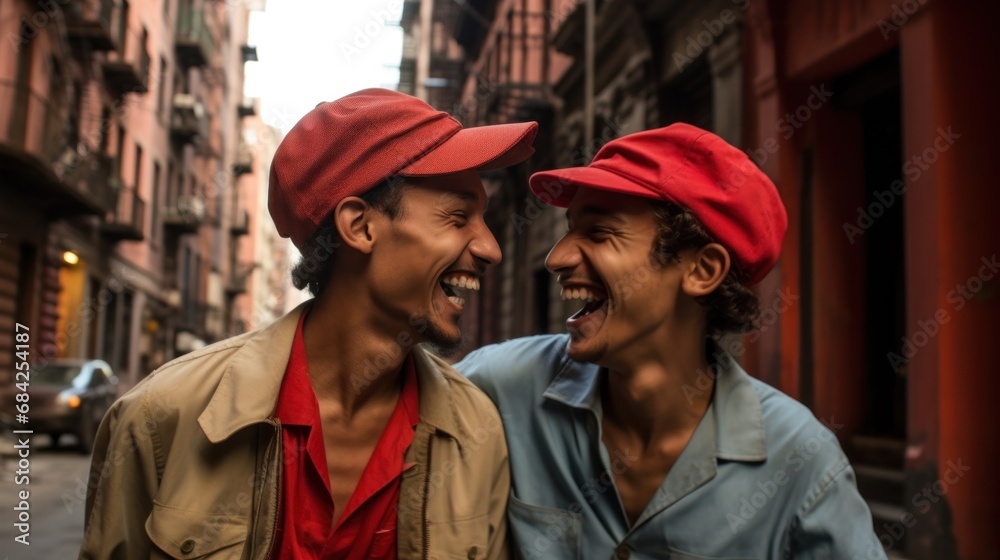 Two men wearing red hats share a joyful moment as they laugh together on the street. Two men wearing red hats share a joyful moment as they laugh together on the street.