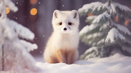Cute littke arctic fox animal portrait, winter and snowy landscape, winter forest and snowy trees, natural environment, Christmas Hollydays,  © KatyaPulina