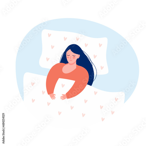 A young girl is sleeping soundly on a pillow with a cozy blanket. Vector illustration