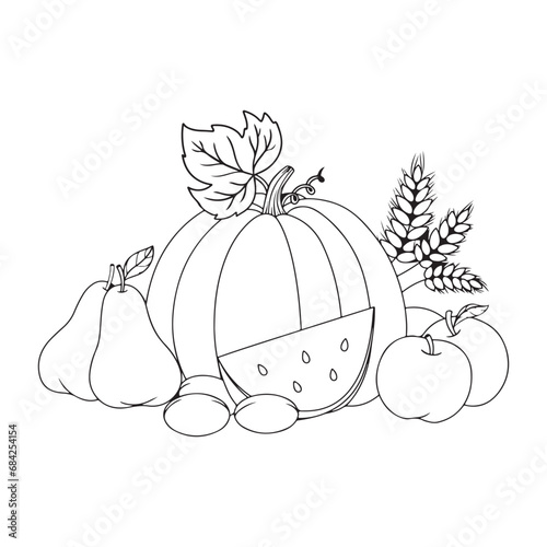 vegetables and fruits hand drawn illustration, vector illustration for coloring book, isolated on white background