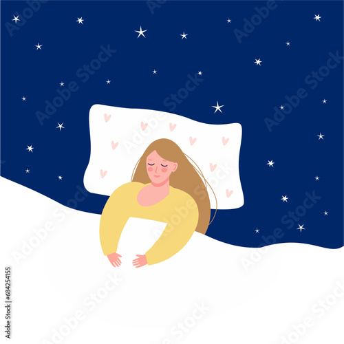 A young girl is sleeping soundly on a pillow with a cozy blanket. Vector illustration