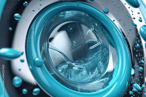 A 3D-rendered advertisement emphasizes the use of macro-fiber fabric, antimicrobials, bleaches, and detergents to deep-clean shirts and remove stains from a water bubble. photo