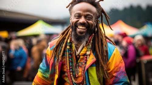 A festival-goer with vibrant clothes and dreadlocks, wearing a joyful smile.
