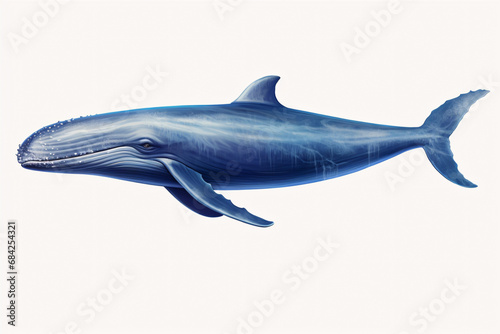 A lonesome blue whale against a plain white backdrop.