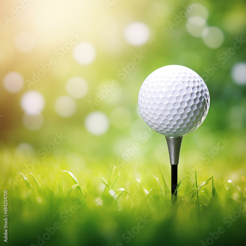 A golf ball sits on a tee with a dreamy bluish-green background.