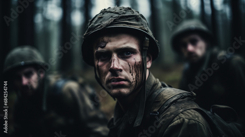 A group of modern soldiers in the forest. Gloomy background. The face of war. © Boris