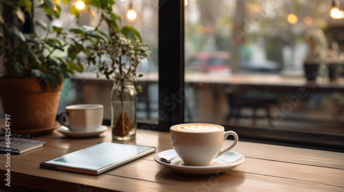Relaxing in a cafe with a book  white mug  smartphone and tablet on wooden counter by the window.