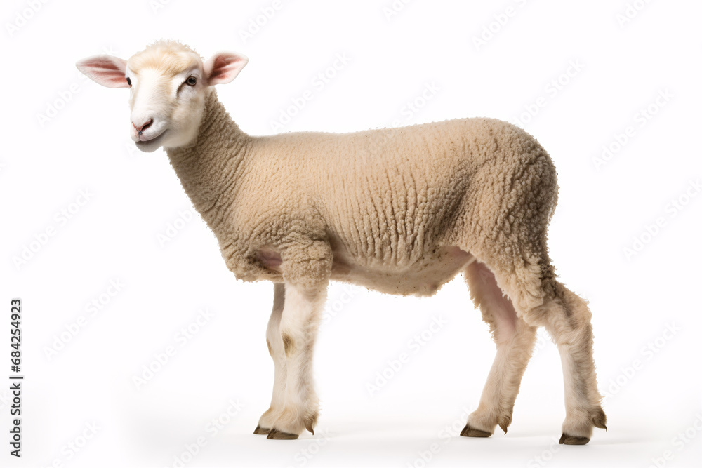 Fototapeta premium A lamb, symbolizing innocence and sacrifice, stands alone against a white backdrop, gazing at the camera.