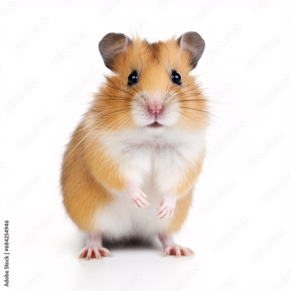 A waggishly adorable Roborovski hamster standing sideways on a plain white canvas.
