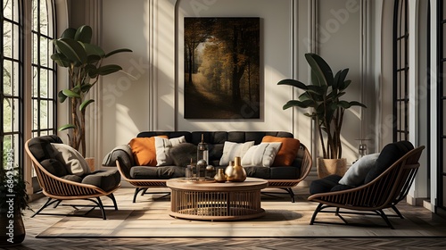  living room has various wicker chairs in the photo, in the style of graphic black and white, single object, henri rousseau, beige photo