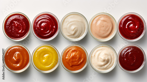 A delicious helping of ketchup in a bowl, set against a white background; complemented by an assortment of other sauces. photo