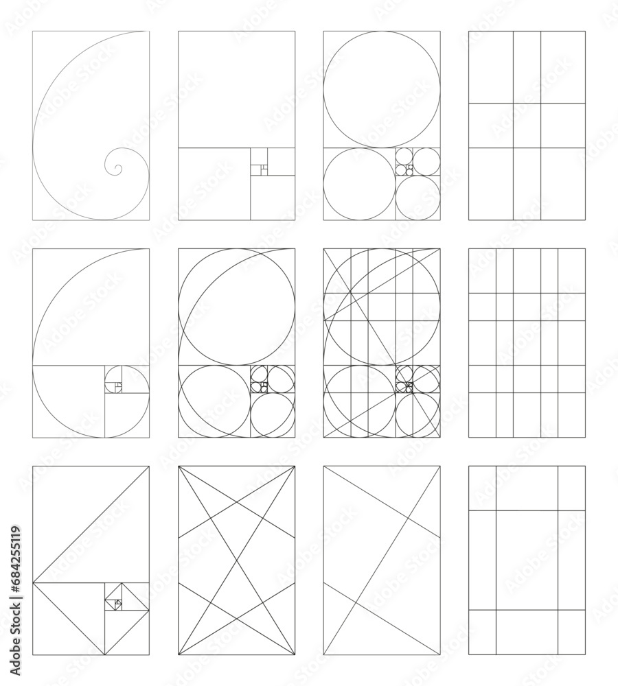 Set of golden ratio. Method golden sections. Fibonacci array and numbers. Harmony proportions. Outline template. Vector graphic illustration. Eps.	 - obrazy, fototapety, plakaty 