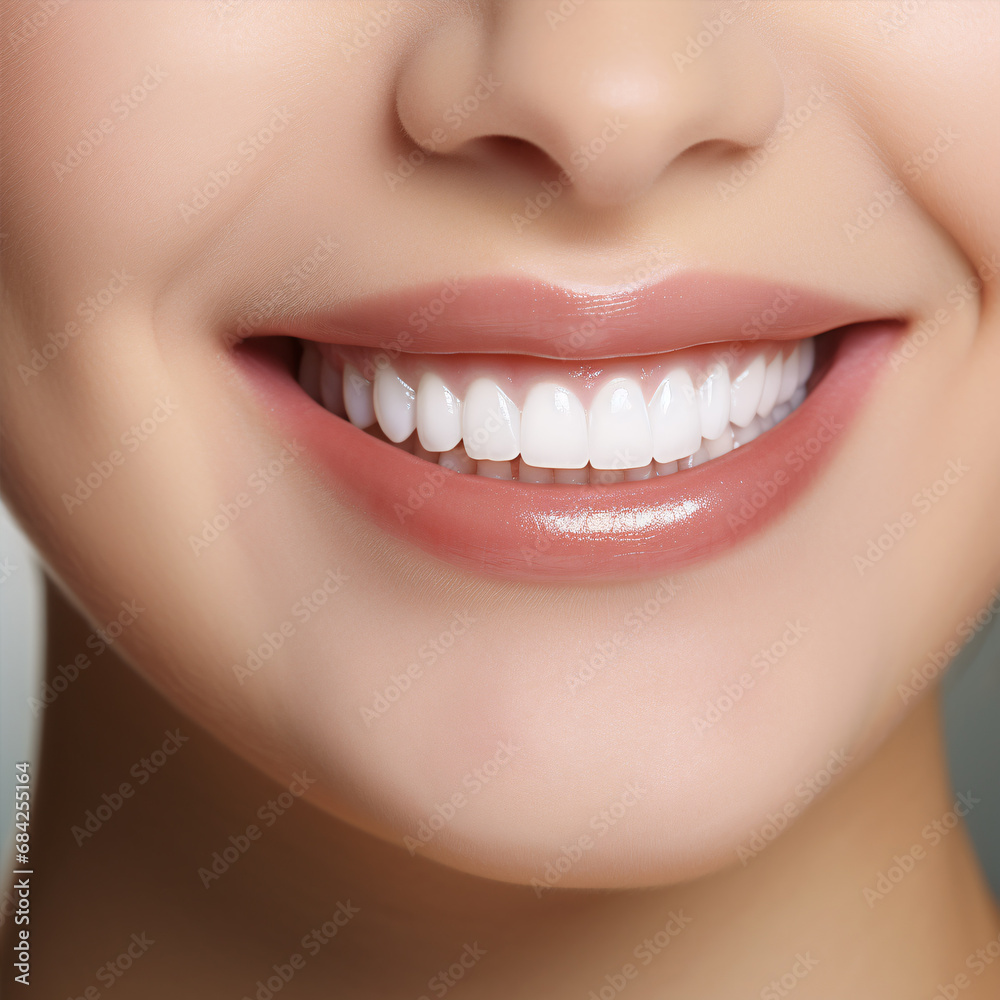 A woman grins, showcasing her gleaming ivory dentition in a closeup. A woman grins, showcasing her gleaming ivory dentition in a closeup.