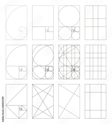 Set of golden ratio. Method golden sections. Fibonacci array and numbers. Harmony proportions. Outline template. Vector graphic illustration. Eps. 