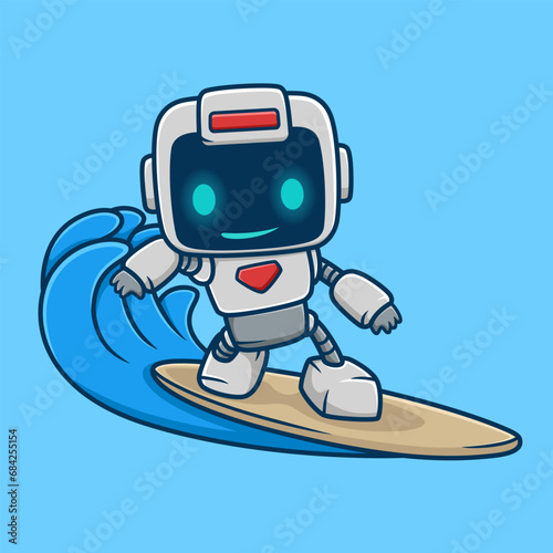 Cute robot surfboarding, vector cartoon illustration