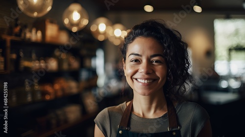  close up shot, a young and beautiful female local restaurant owner confidently smiles at the camera inside her restaurant. photo