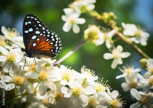 Beautiful black Baltimore Checker spot butterfly (Euphydryas phaeton) on the flower close up