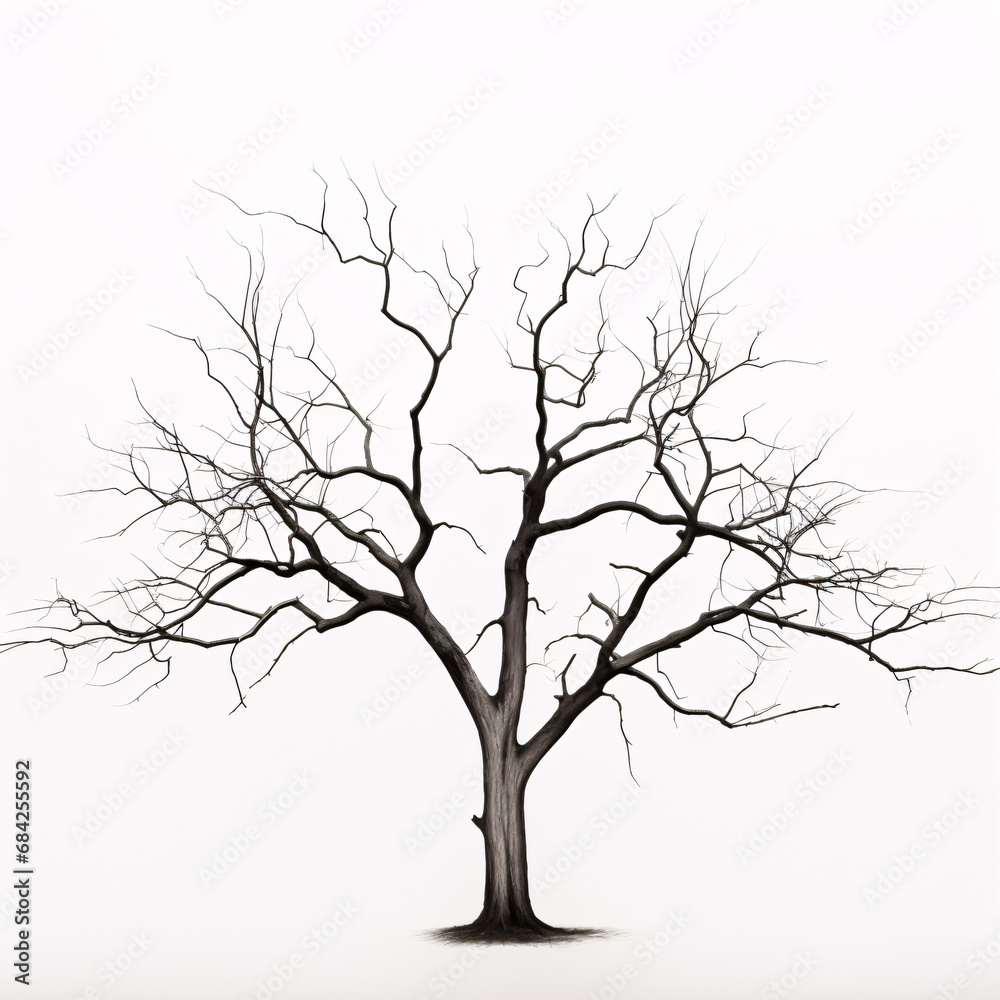 A barren, leafless tree standing alone on a stark white surface.
