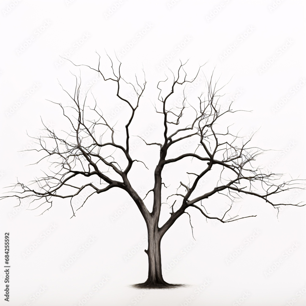 Fototapeta premium A barren, leafless tree standing alone on a stark white surface.