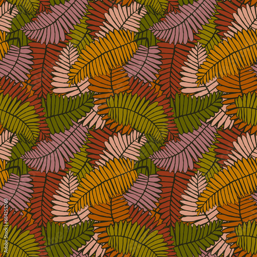 fern forest leaves in autumn fall earthy color palette, green brown beige layered foliage seamless repeat pattern design, vector illustration graphic print
