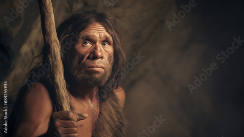 Neanderthal equipped with lance, challenging Homo Sapiens anthropology and evolutionary speculation. photo
