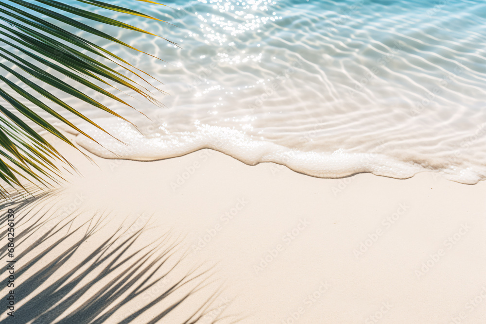 The sun's rays shining on the white, sandy shore, created a beautiful, abstract beach banner as palm fronds cast shadows in the background, perfect for a summer getaway. The sun's rays shining on the white, sandy shore, created a beautiful, abstract beach banner as palm fronds cast shadows in the background, perfect for a summer getaway.