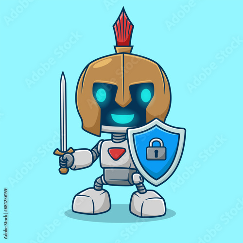 Cute robot with spartan helmet holding sword and shield, vector cartoon illustration