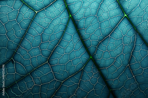 Close-up of a Horseradish plant's leaf, featuring its cell and vein formations in a mottled, abstract composition with a blue-green tinted backdrop...A macro view of a Horseradish leaf with a