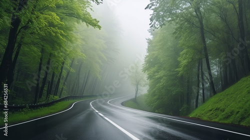 An enchanting mountain road gracefully meandering through a rainy forest.