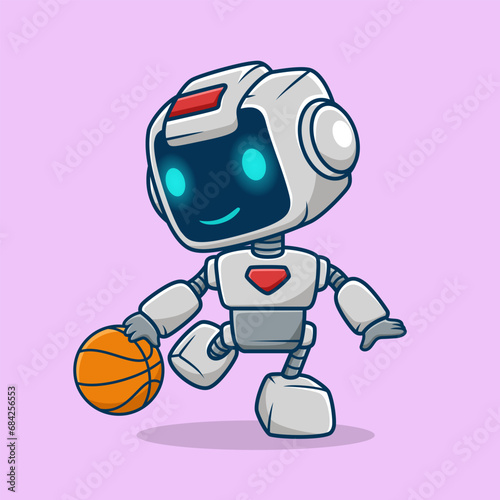 Cute robot playing basketball, vector cartoon illustration