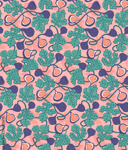 fig tree plant trailing branches with fruits and leaves, in  peach pink teal blue color palette, modern retro art seamless pattern,  vector illustration graphic texture
