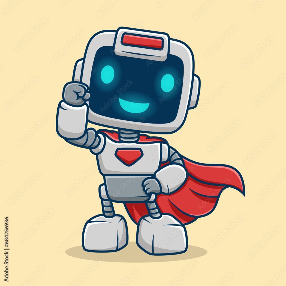 Cute robot superhero, vector cartoon illustration. Science Technology Icon Concept Isolated Premium Vector. Flat Cartoon Style