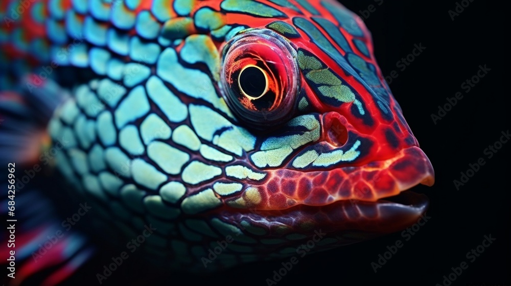 A close-up shot of a Parrotfish showcasing its intricate scales and vibrant, multicolored patterns. A close-up shot of a Parrotfish showcasing its intricate scales and vibrant, multicolored patterns.