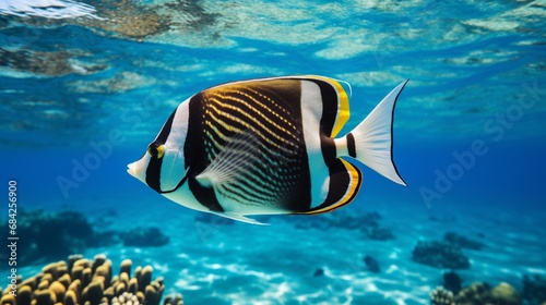 A close-up shot of a Moorish Idol (Zanclus cornutus) gliding through crystal-clear waters, its intricate patterns and bright colors illuminated by dappled sunlight in mesmerizing