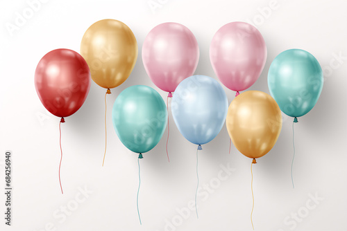 Multicolored helium balloons serve as decorative elements for birthdays, weddings, or festivals.