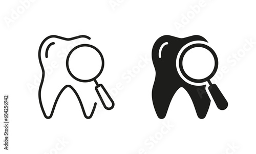 Dental Diagnostic Silhouette and Line Icon Set. Tooth Medical Exam Pictogram. Magnifier Glass for Teeth Prevention Checkup. Dental Treatment Black Symbol Collection. Isolated Vector Illustration