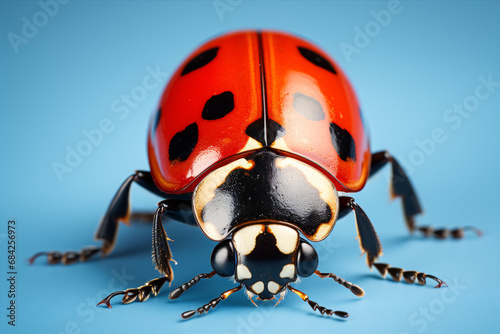 A Coccinella septempunctata (seven-spot ladybird) is captured in an extreme close-up, isolated against a plain blue background in macro photography.