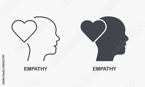 Fototapeta Naklejka Na Ścianę i Meble -  Empathy, Passion, Sympathy Feeling Silhouette and Line Icon Set. Kindness and Inspiration, Intellectual Process Symbol Collection. Heart Shape and Human Head Pictogram. Isolated Vector Illustration