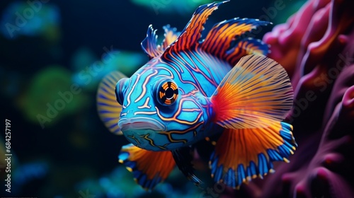 A close-up view of a Mandarin Fish displaying its striking, colorful pattern in crystal-clear waters, shot in