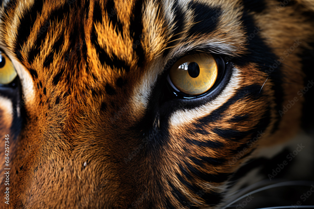 Terrifying tiger-striped feline snapped in close-up with its piercingly amber eyes in a tropical woodland.