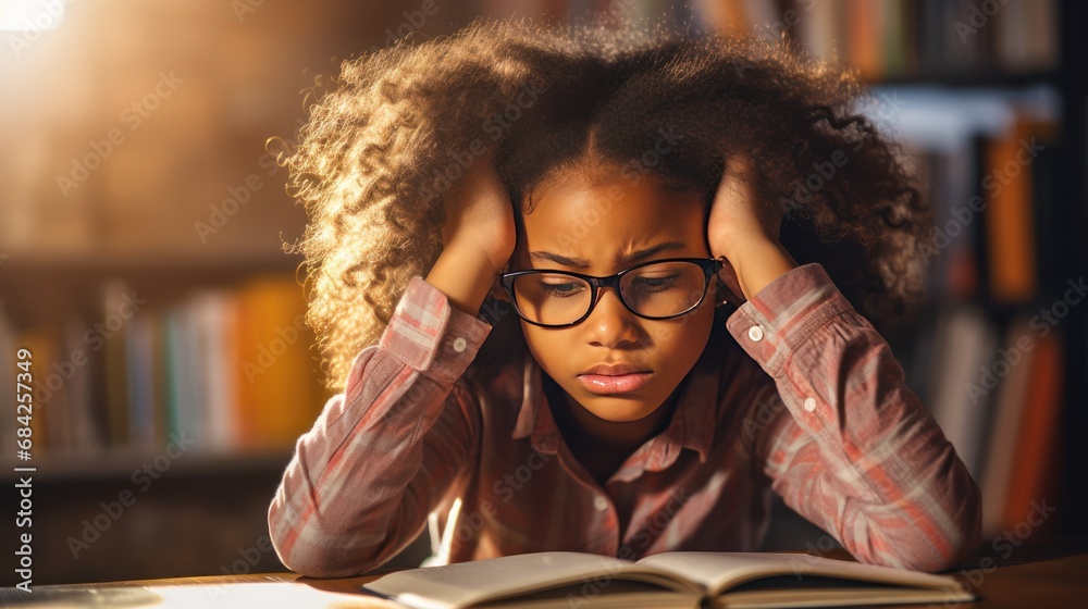 Concentrated black girl child doing his homework at home. The boy struggles to read a book. Education, school, learning disability, reading difficulties, dyslexia concept generative ai - obrazy, fototapety, plakaty 