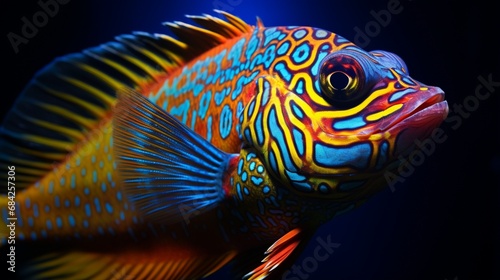 A close-up view of a Peacock Cichlid's intricate fin details and vibrant colors, in a stunning full ultra HD underwater portrait.