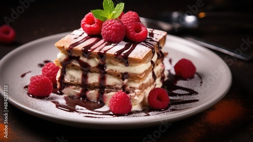 Tiramisu adorned with fresh raspberry berries on a smooth ceramic plate with drops of chocolate