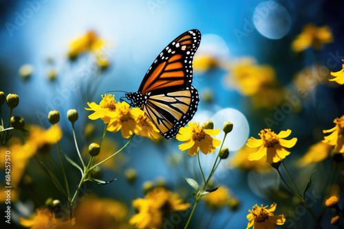 Beautiful Monarch butterfly (Danaus plexippus) on the flower close up