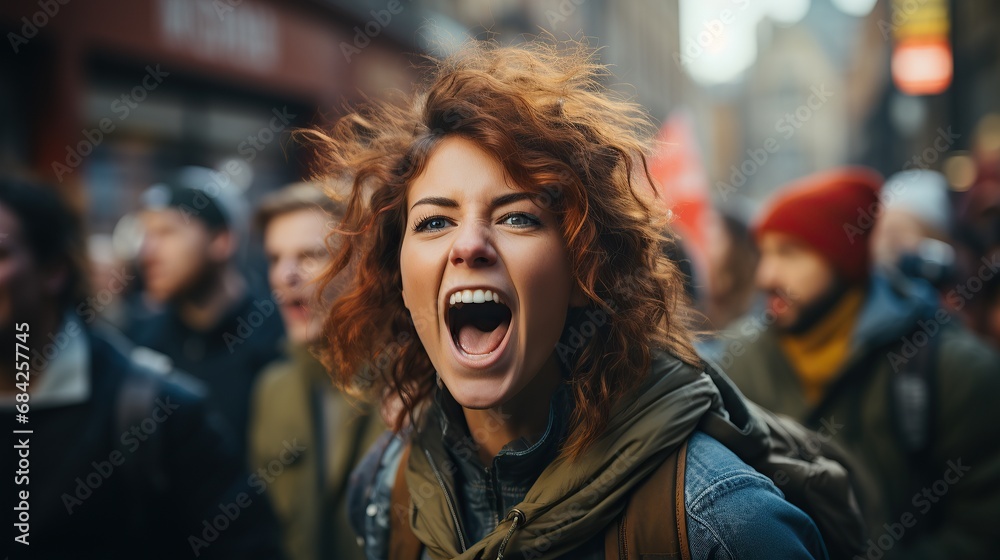 Female activist protesting at a strike, giving slogans with a megaphone. Woman demonstrator protesting with megaphone during a strike.