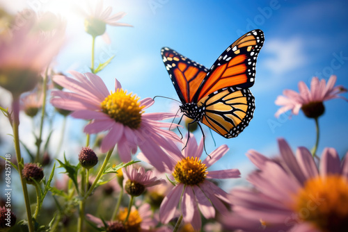 Beautiful Monarch butterfly  Danaus plexippus  on the flower close up