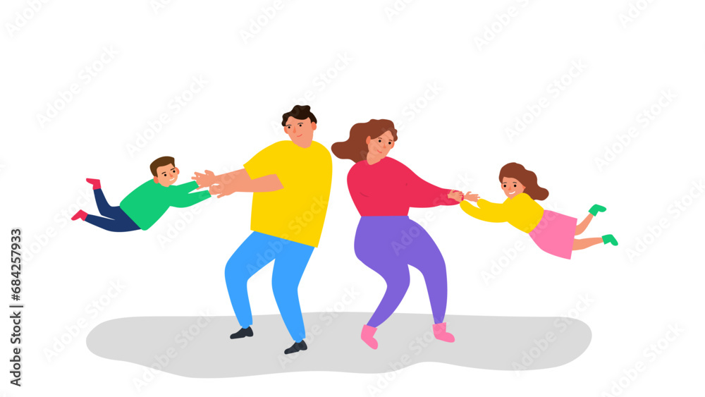 Obraz premium happy family father and mother raising and turning their children vector illustration
