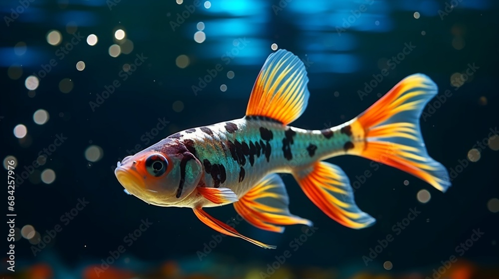 A Clown Killifish leaping out of the water, creating ripples on the surface, with its scales shimmering in the sunlight.
